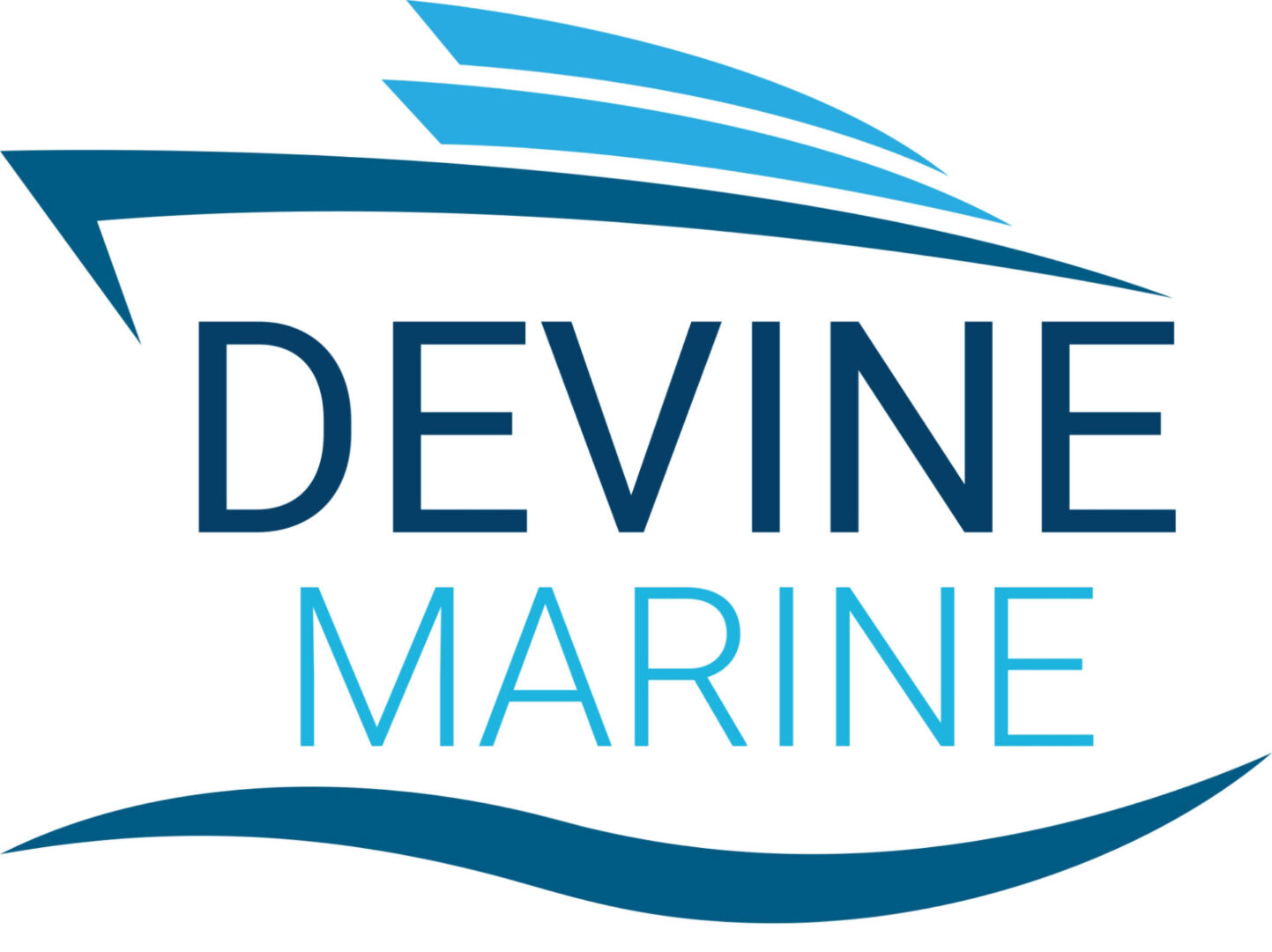 A blue and white logo for devine marine